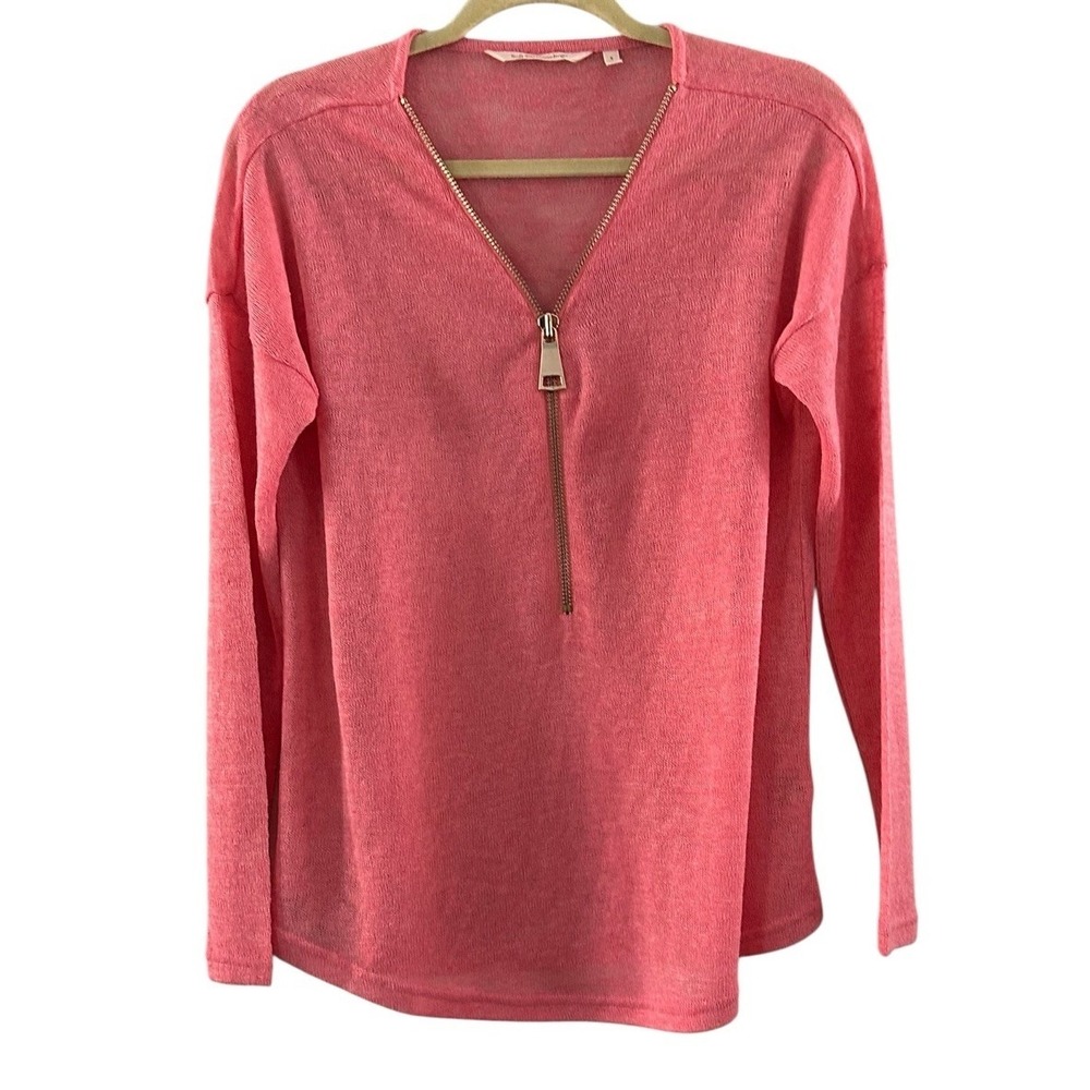 Soft Surroundings Valentina Zip Sweater Coral Rose Size Small Open Knit Casual